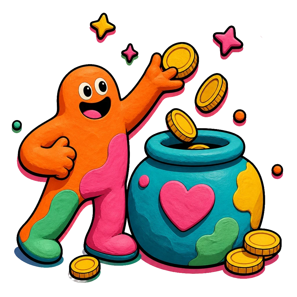 Mascot CLAY DEV memasukkan koin ke celengan donasi